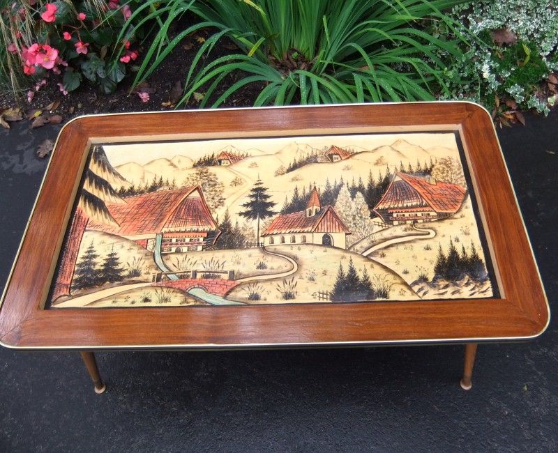 Vintage 1960's Carved Black Forest German Coffee Table Glass Top Chalet